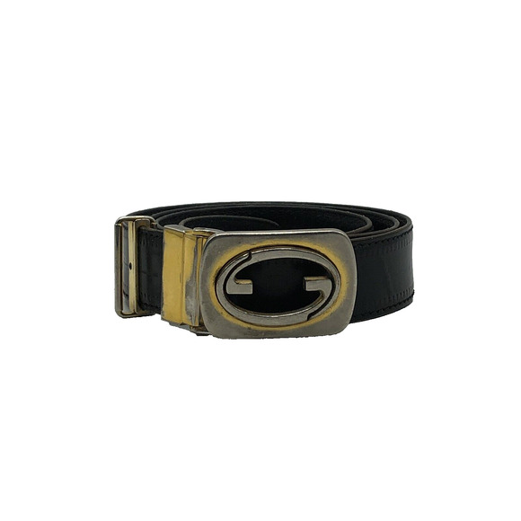 Gucci Other - Vintage Gucci Belt Logo Tarnished Buckle Black Leather Mens Medium M 30" - 36”